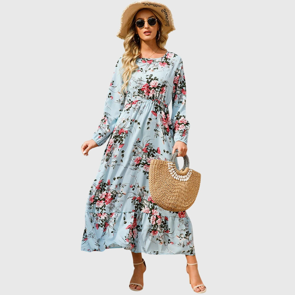 Antigoneara - Floral Print Wrap Maxi Dress with Long Sleeves