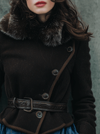 Vintage Elegant Belted Wool Coat With Fur Collar