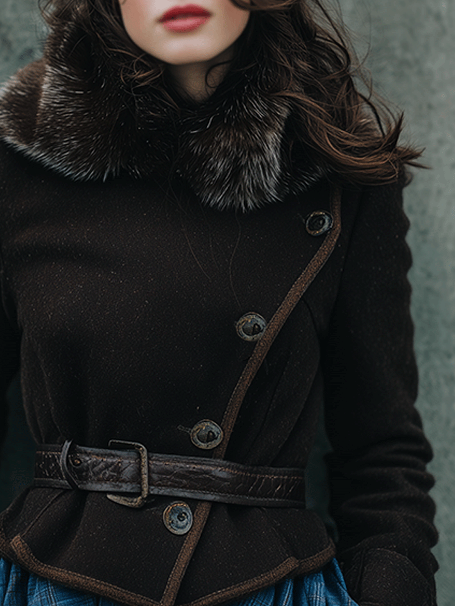 Vintage Elegant Belted Wool Coat With Fur Collar