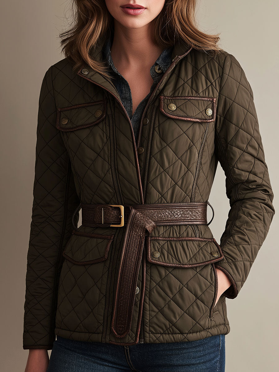 Retro Olive Green Diamond-quilted Padded Jacket