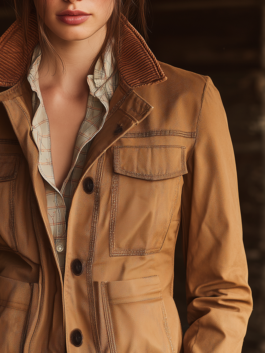 Vintage Corduroy Collar Multi-pocket Work Jacket