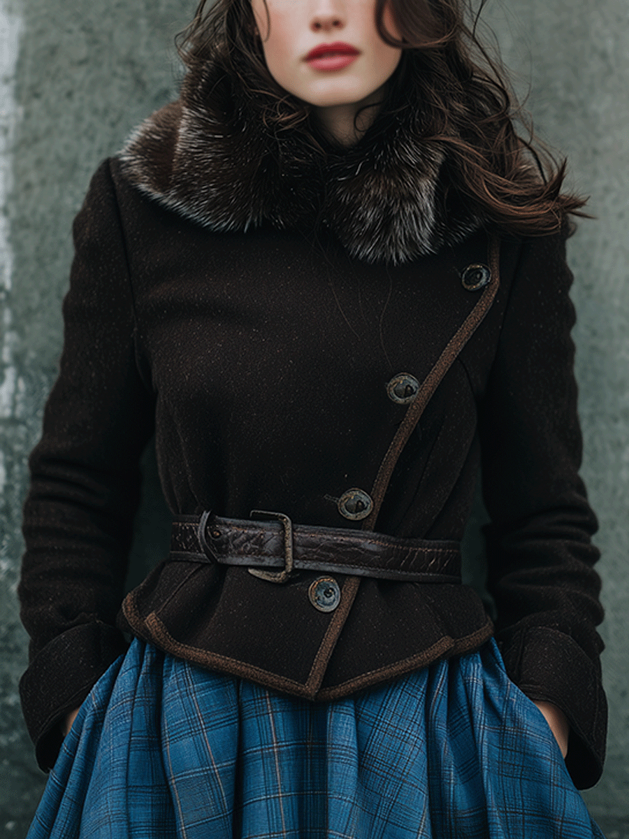Vintage Elegant Belted Wool Coat With Fur Collar