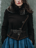 Vintage Elegant Belted Wool Coat With Fur Collar