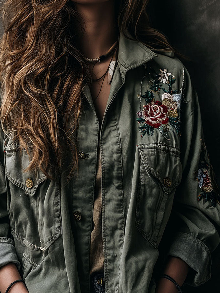 Casual Embroidered Army Green Utility Cargo Jacket