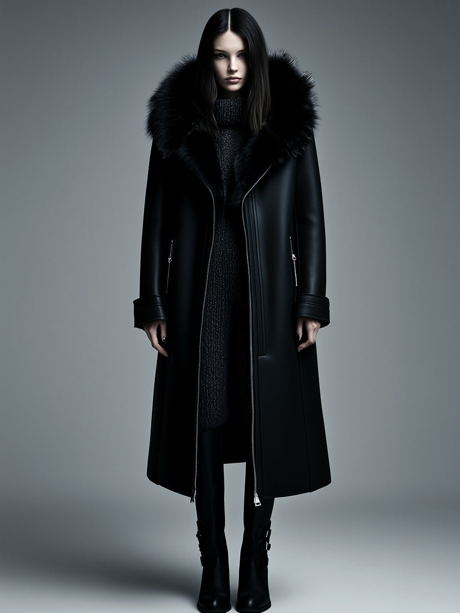 Women Fur Trim Warm Lined Hooded Faux Leather Trench Coat