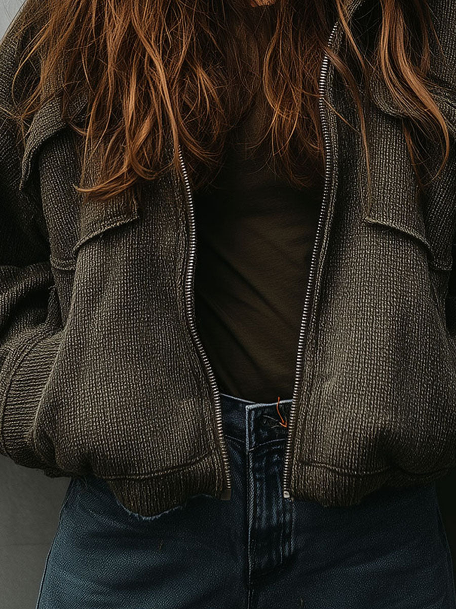 Cozy Stand Collar Olive Green Textured Knit Zip-Up Bomber Jacket