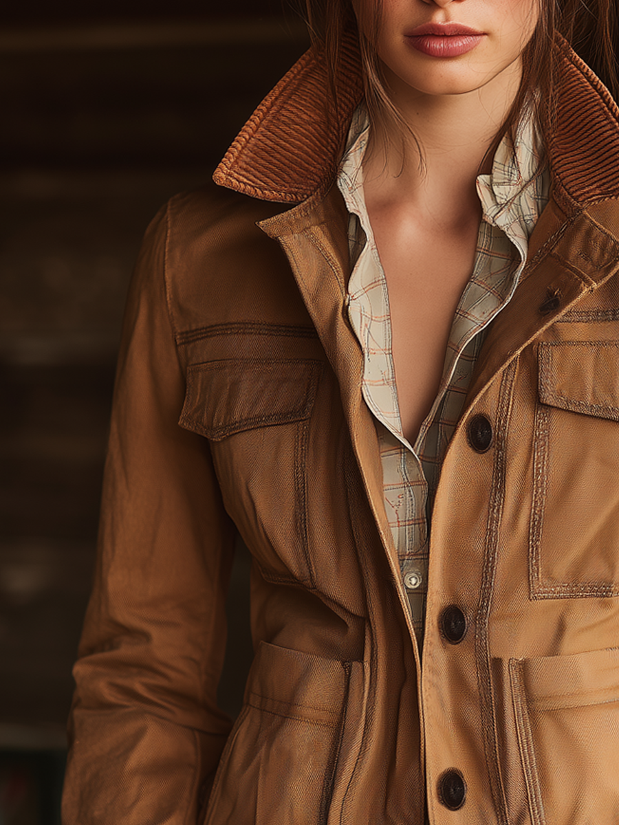 Vintage Corduroy Collar Multi-pocket Work Jacket
