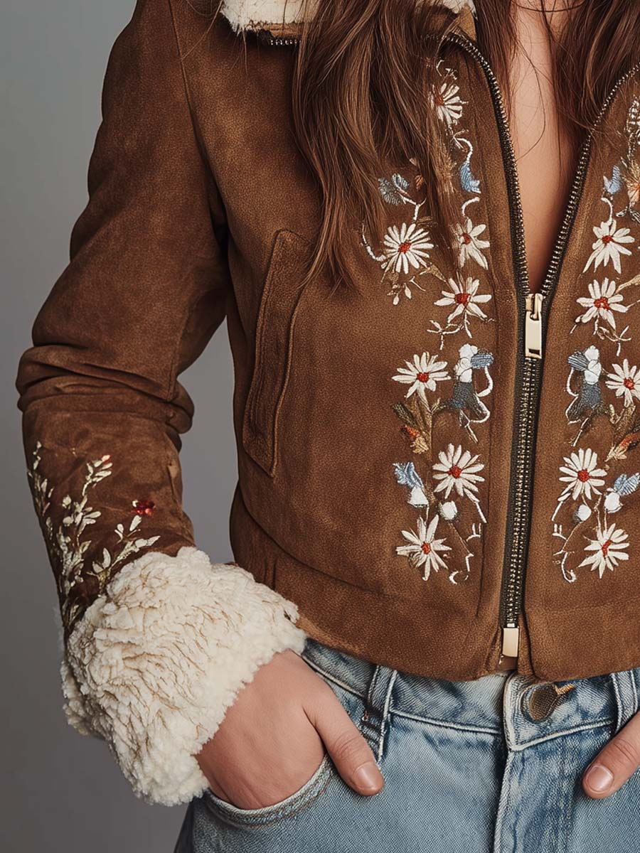 Embroidered Suede Shearling Jacket