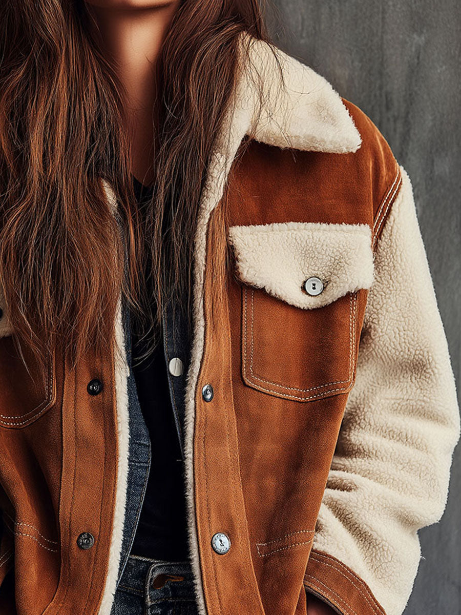 Casual Brown Eco Suede Sherpa Lined Denim-Style Jacket