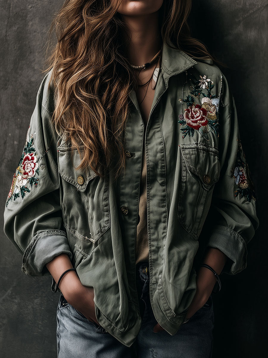 Casual Embroidered Army Green Utility Cargo Jacket