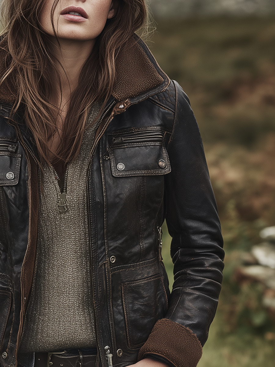 Vintage Multi-pocket Contrast Color Plush Lining Eco-friendly Leather Jacket