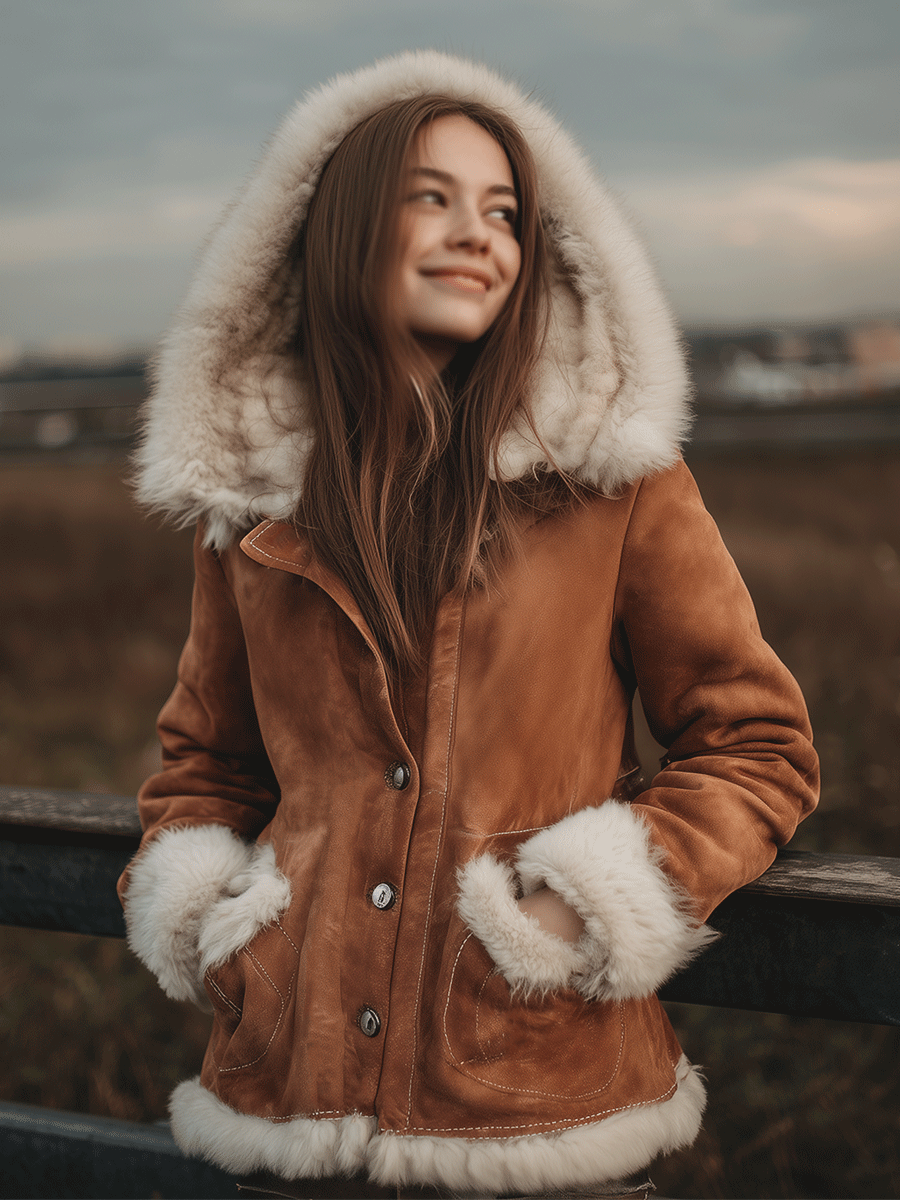 Vintage Warmth Camel Shearling Hooded Jacket