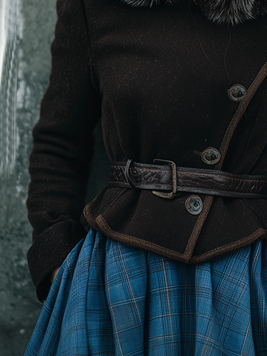 Vintage Elegant Belted Wool Coat With Fur Collar