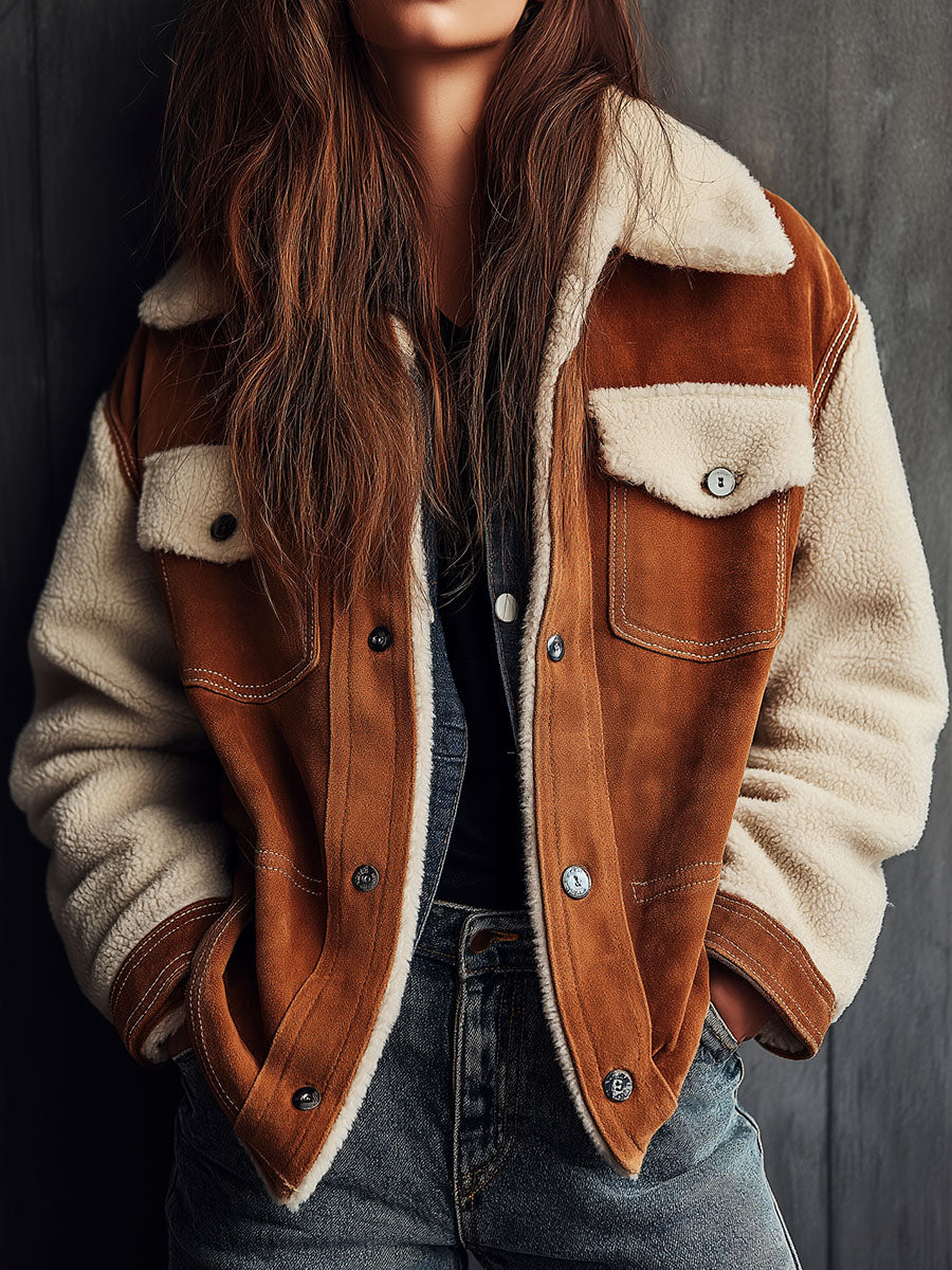 Casual Brown Eco Suede Sherpa Lined Denim-Style Jacket