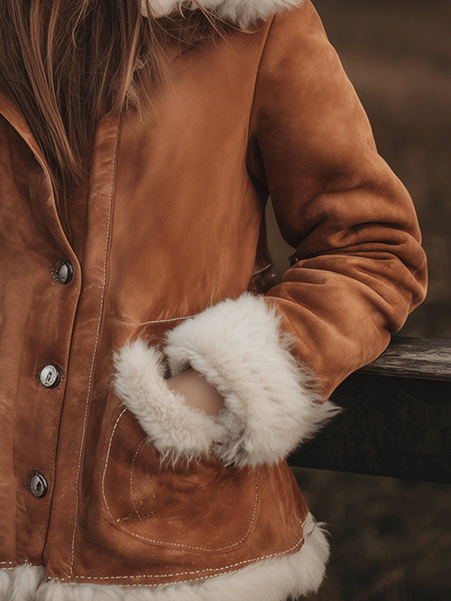 Vintage Warmth Camel Shearling Hooded Jacket