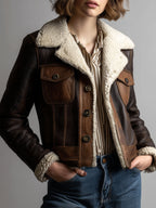 Brown Patchwork Eco Leather Shearling Jacket With Pockets And Buttons
