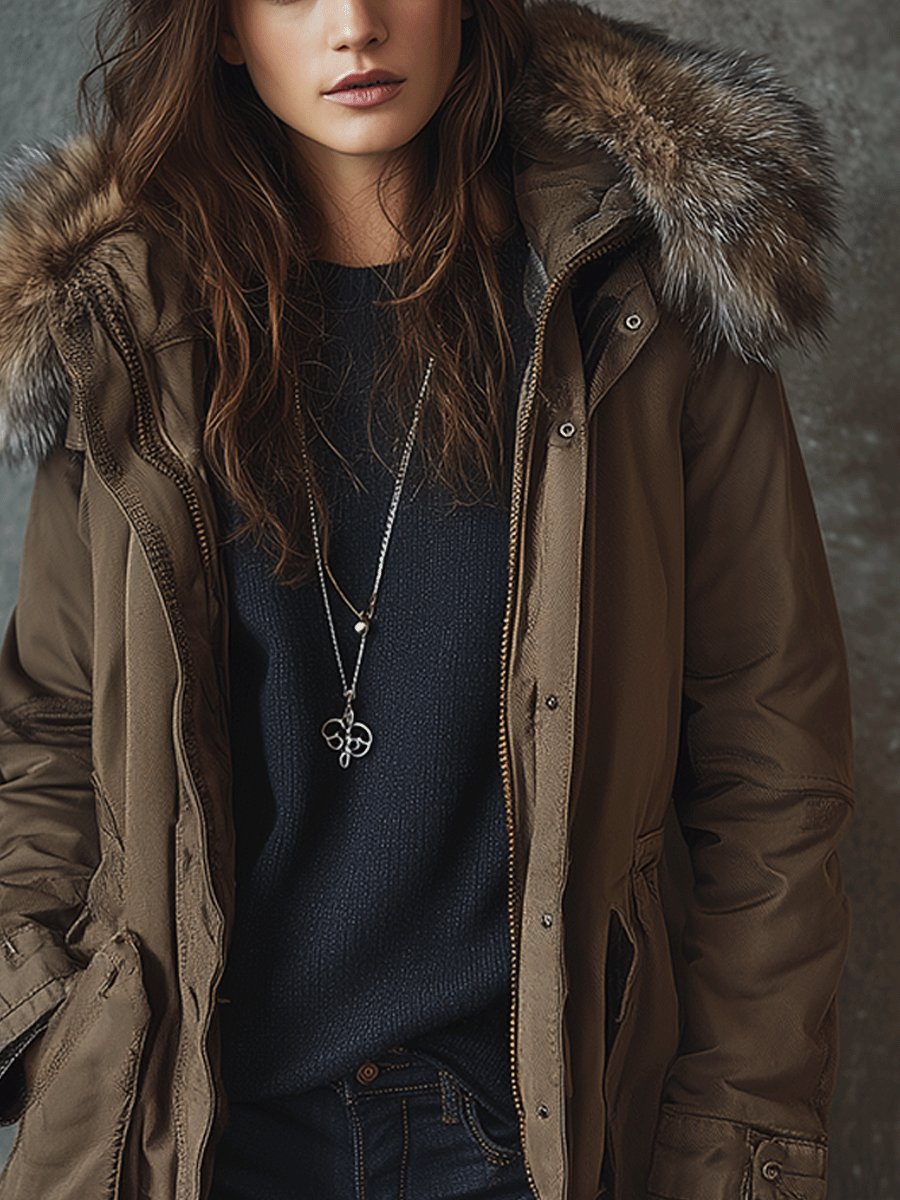 Casual Outdoor Fur Hooded Parka Work Jacket