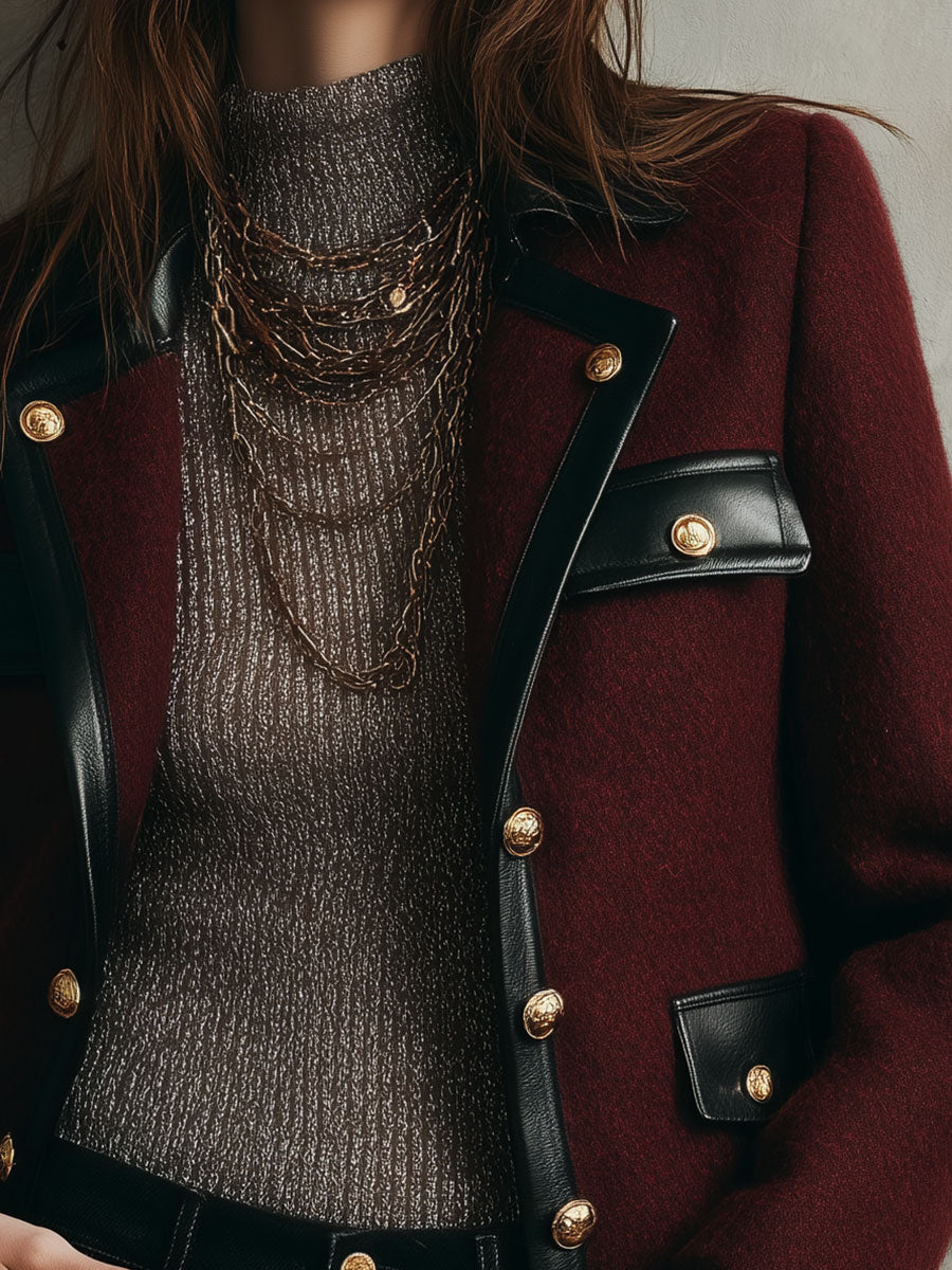 Retro Wool PU Patchwork Double-breasted Jacket