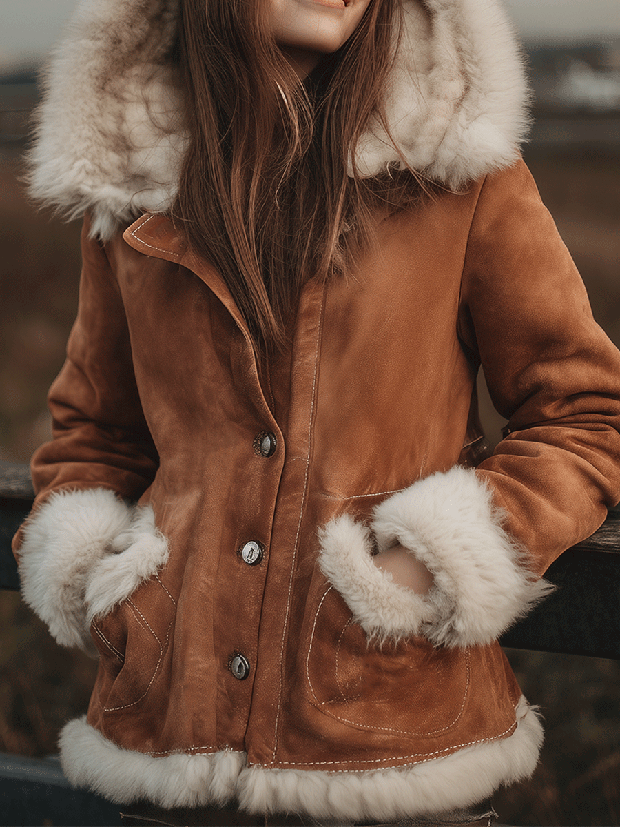 Vintage Warmth Camel Shearling Hooded Jacket