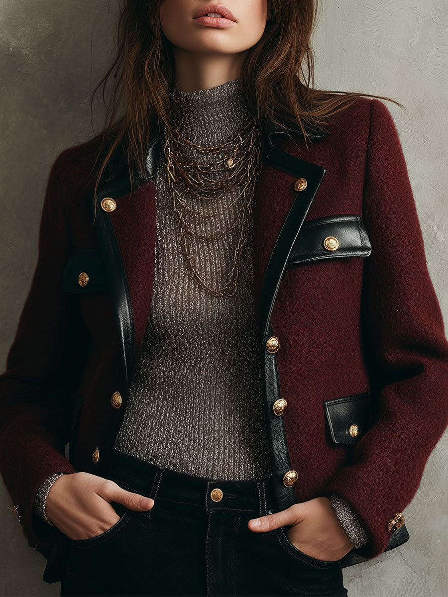Retro Wool PU Patchwork Double-breasted Jacket
