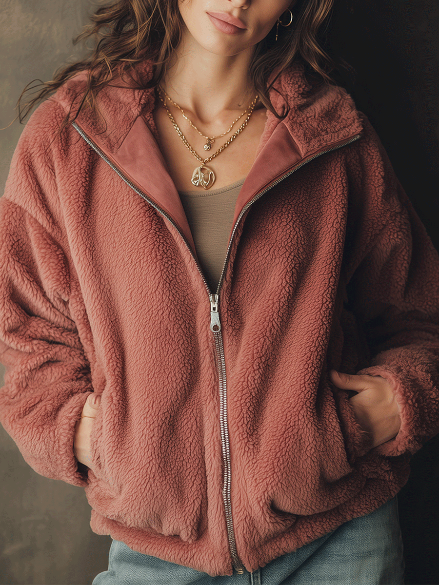 Casual Everyday Gray-Pink Zippered Lambswool Jacket