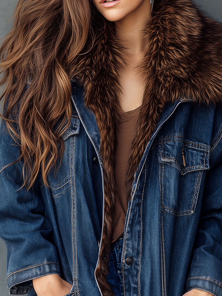 Vintage Oversized Fleeve Linning Denim Jacket With Eco Fur Collar