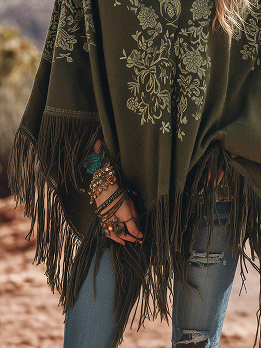 Bohemian Olive Green Embroidered Tassel Cape