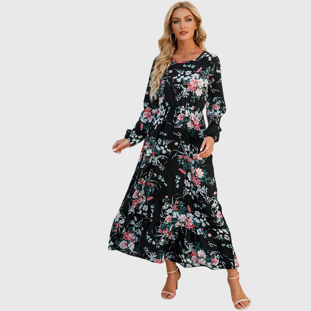 Antigoneara - Floral Print Wrap Maxi Dress with Long Sleeves