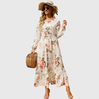 Antigoneara - Floral Print Wrap Maxi Dress with Long Sleeves