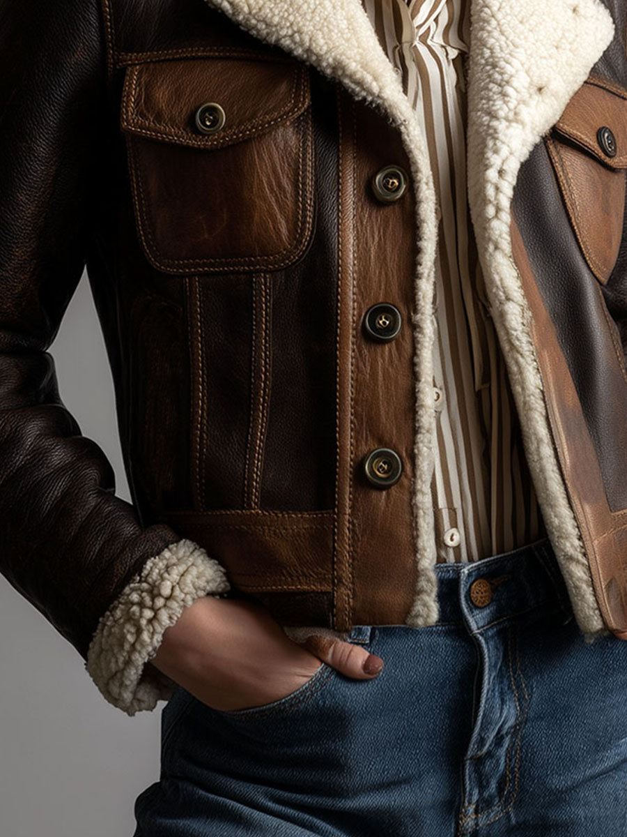 Brown Patchwork Eco Leather Shearling Jacket With Pockets And Buttons