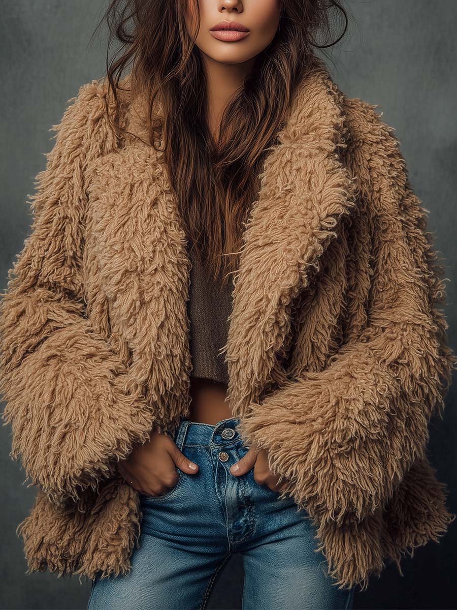 Vintage Camel Shaggy Faux Fur Jacket