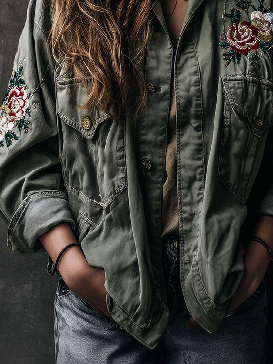Casual Embroidered Army Green Utility Cargo Jacket