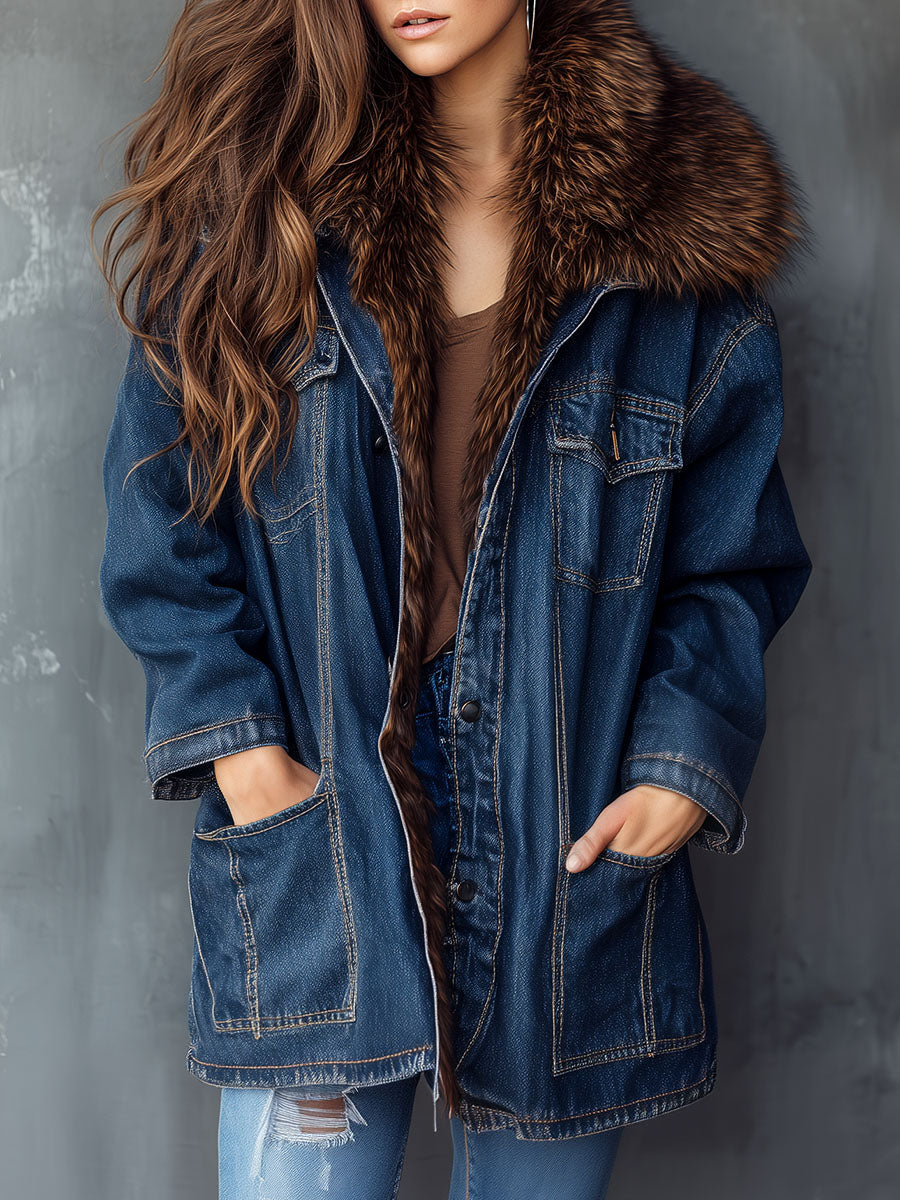 Vintage Oversized Fleeve Linning Denim Jacket With Eco Fur Collar