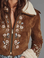 Embroidered Suede Shearling Jacket