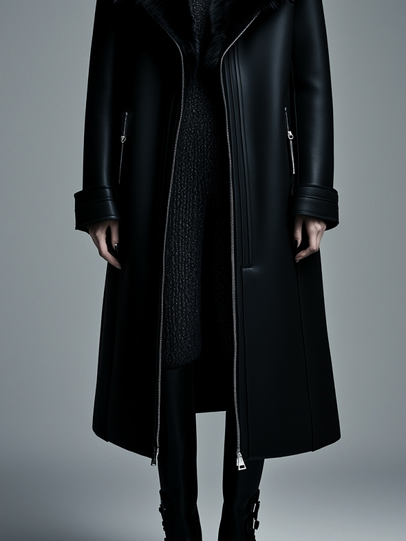 Women Fur Trim Warm Lined Hooded Faux Leather Trench Coat