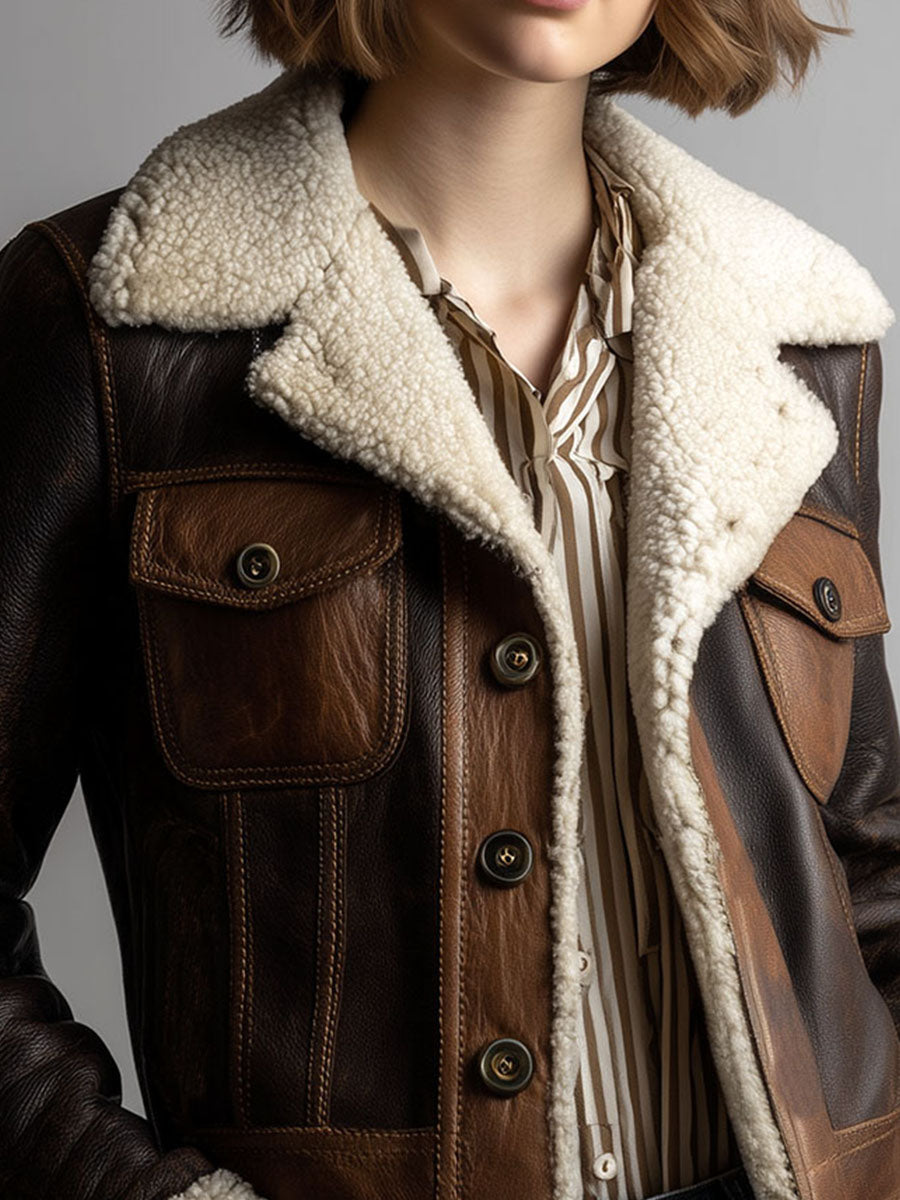 Brown Patchwork Eco Leather Shearling Jacket With Pockets And Buttons