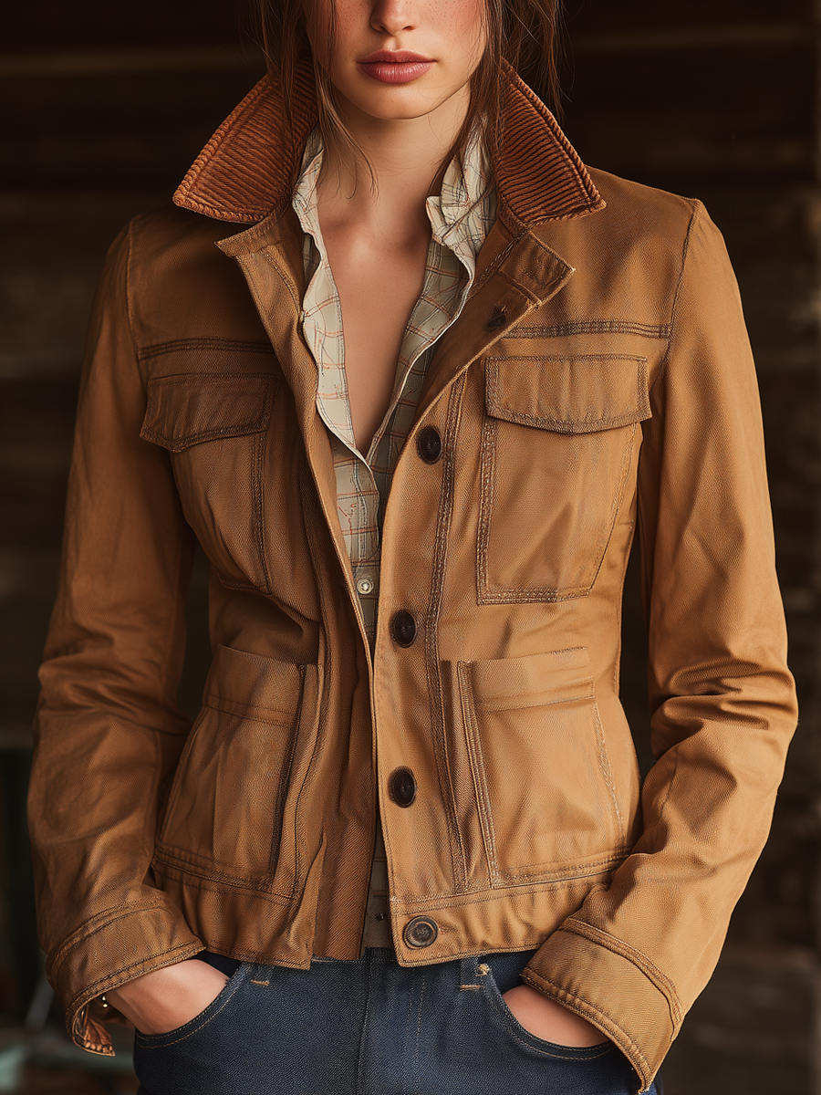 Vintage Corduroy Collar Multi-pocket Work Jacket