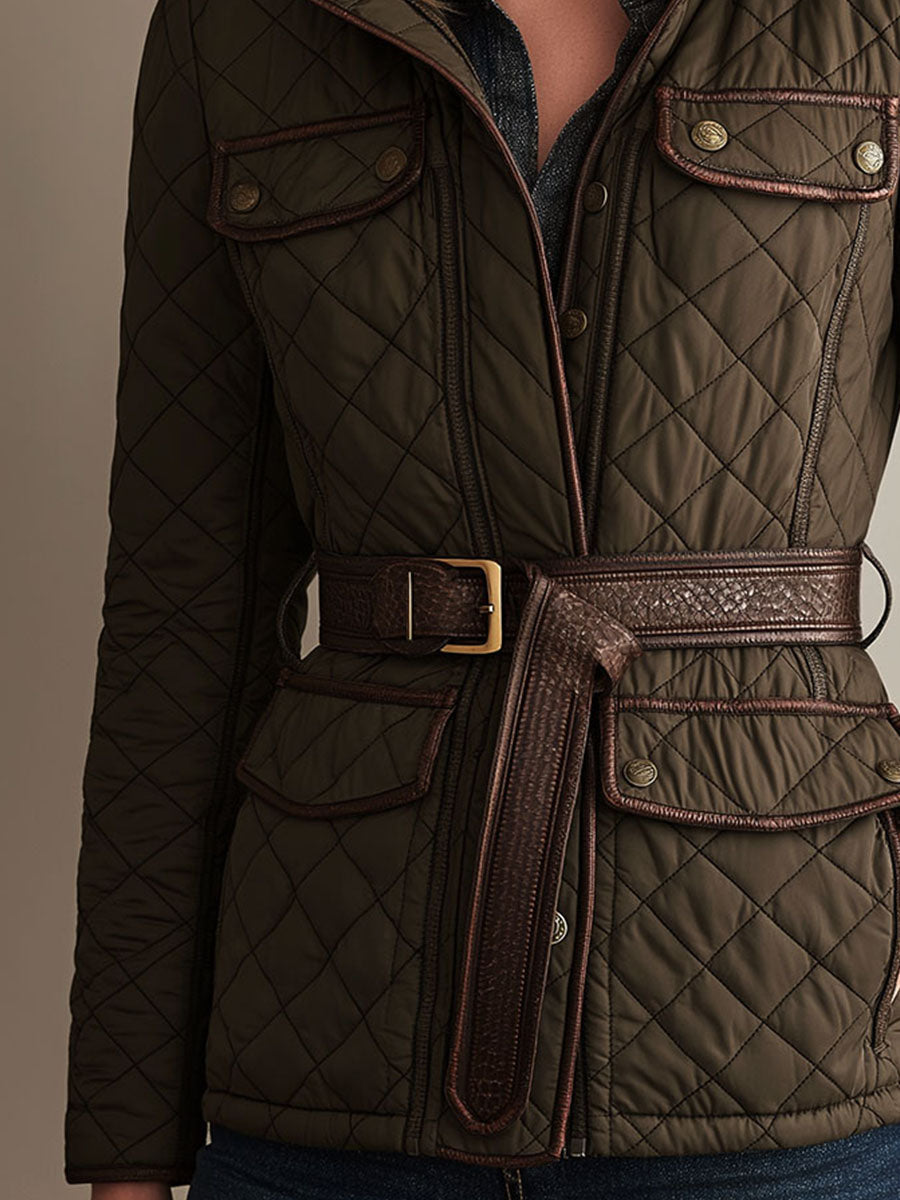 Retro Olive Green Diamond-quilted Padded Jacket