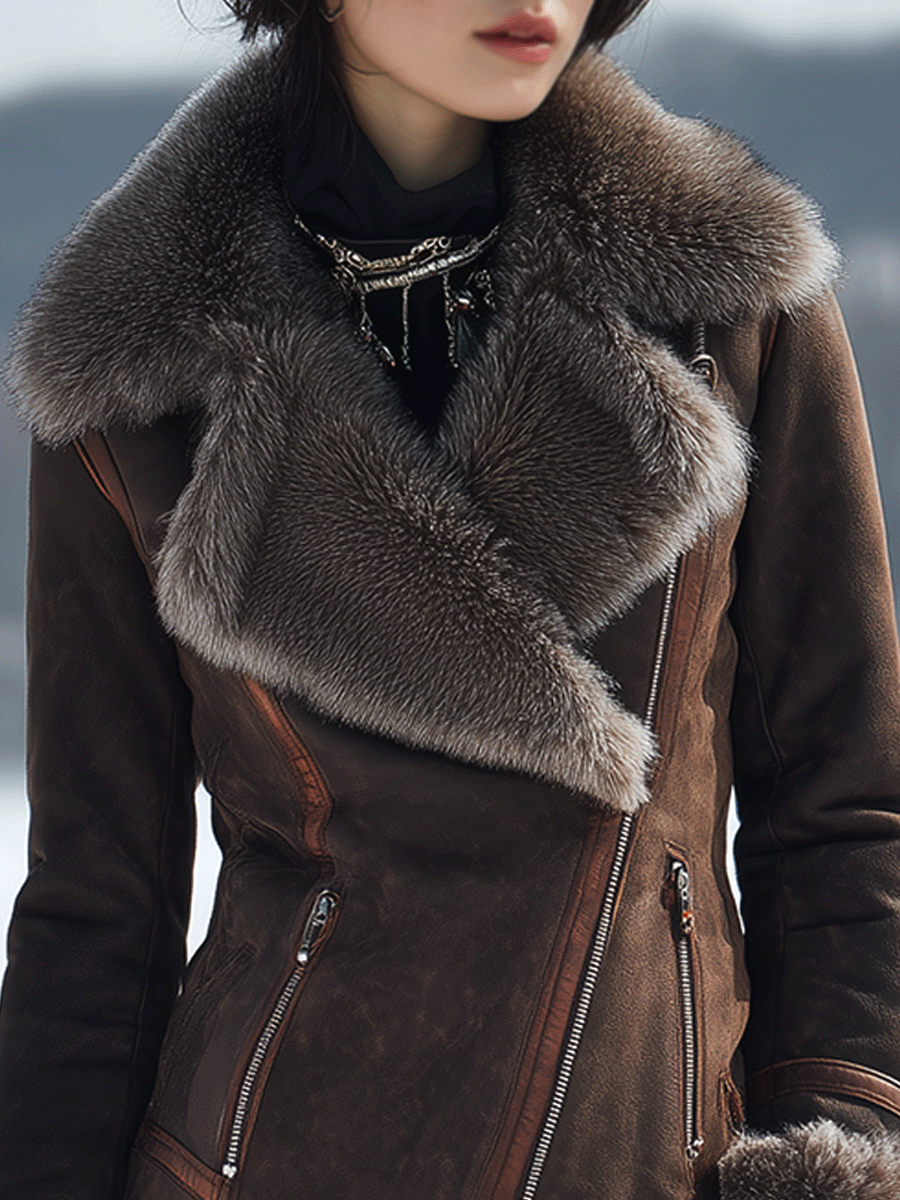 Vintage Brown Warm Shearling Lapel Slim Fit Motorcycle Jacket