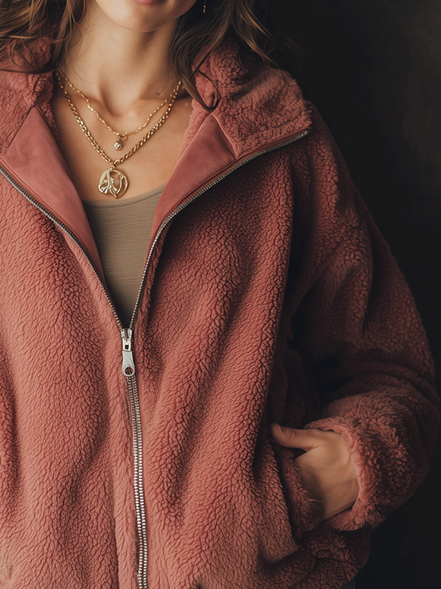 Casual Everyday Gray-Pink Zippered Lambswool Jacket