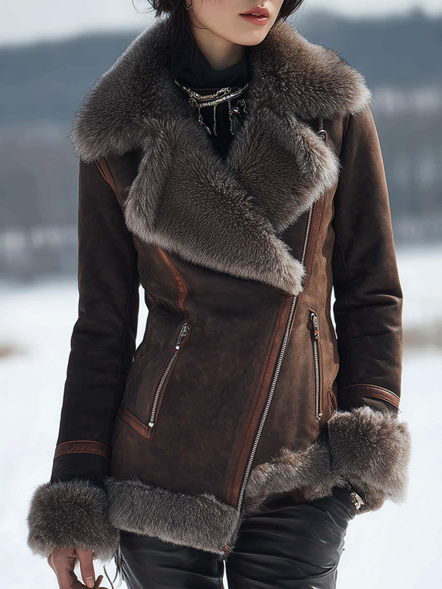 Vintage Brown Warm Shearling Lapel Slim Fit Motorcycle Jacket