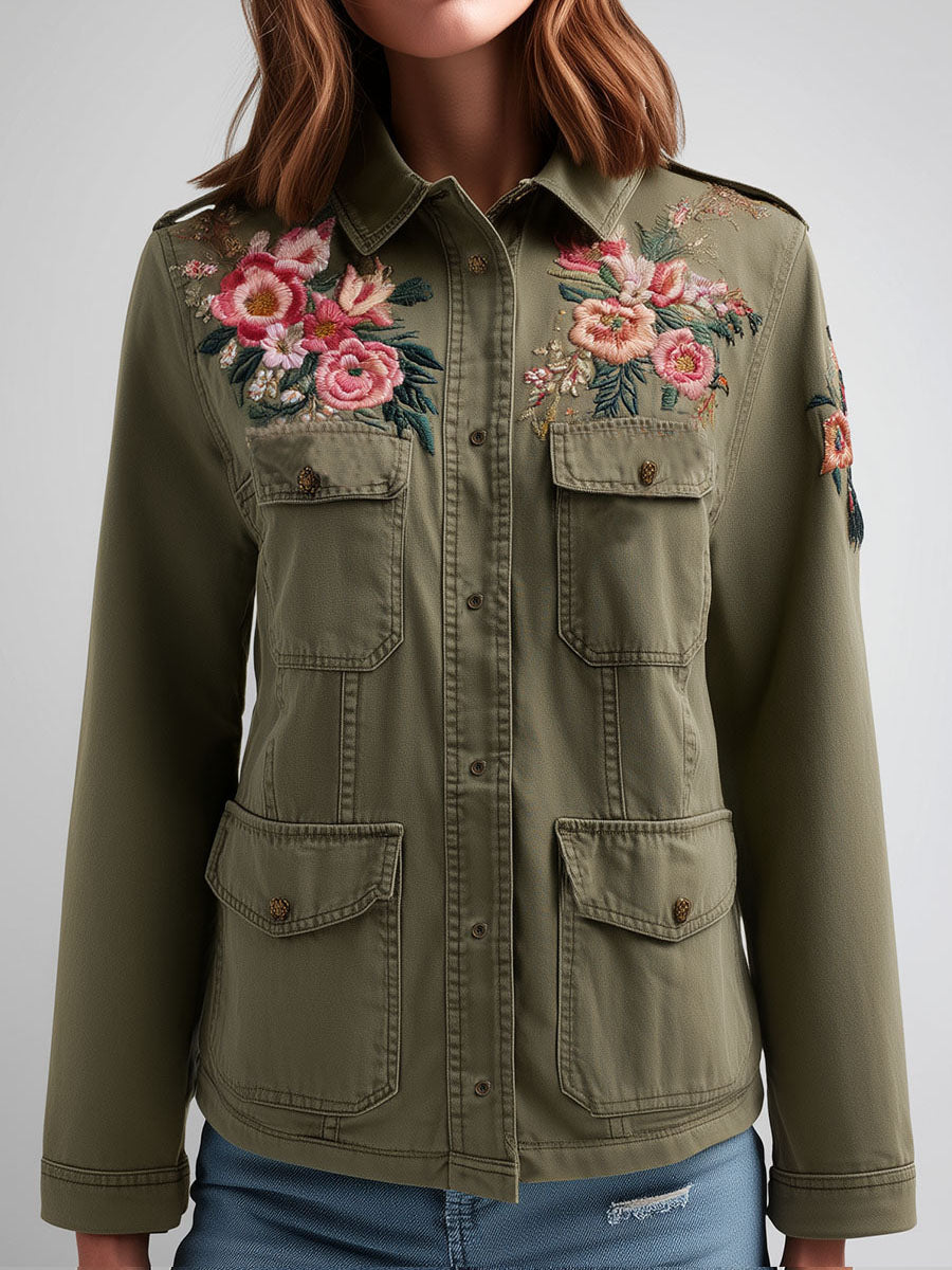 Multiple Pockets Army Green Embroidered Utility Cargo Jacket