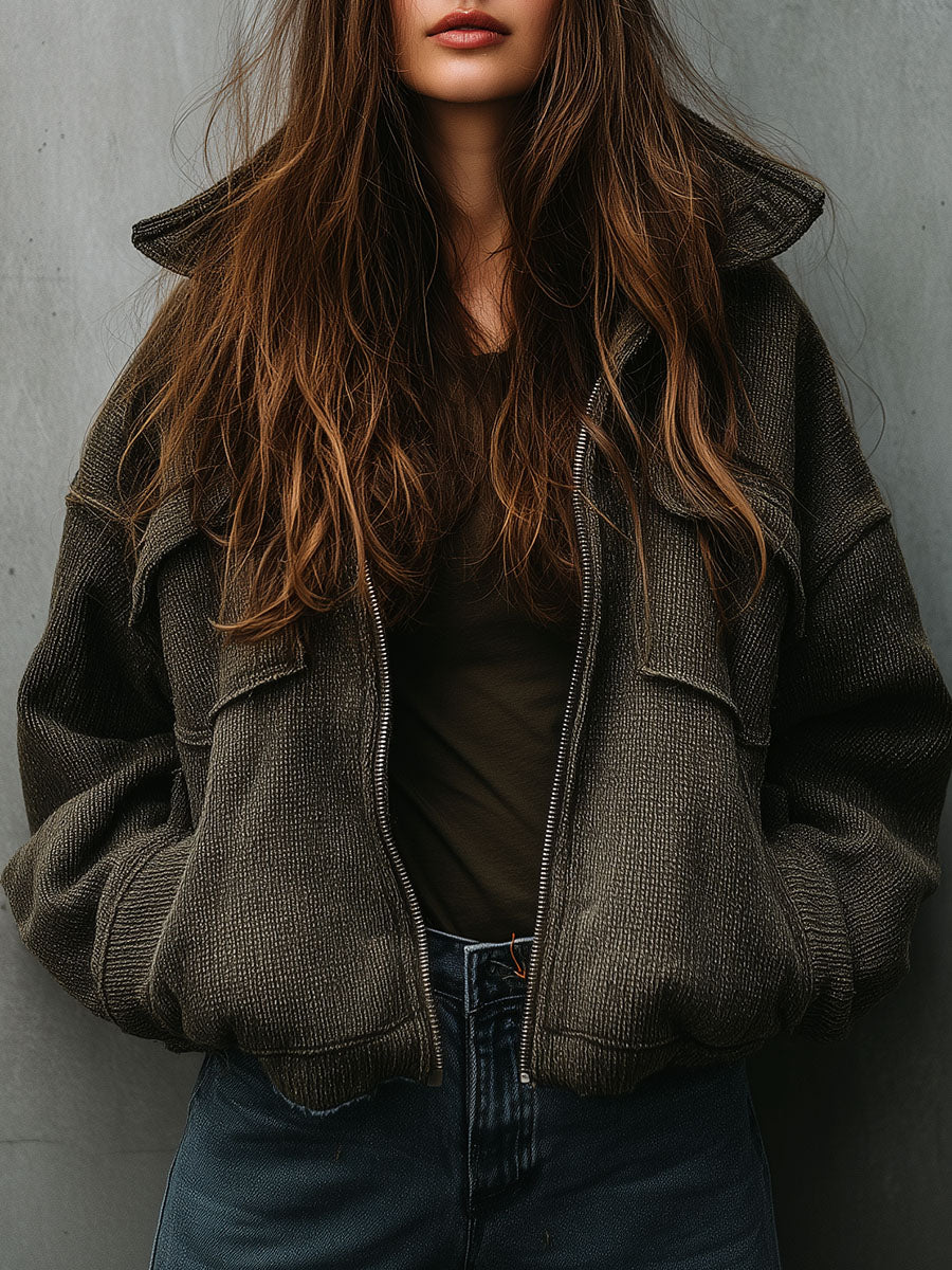 Cozy Stand Collar Olive Green Textured Knit Zip-Up Bomber Jacket