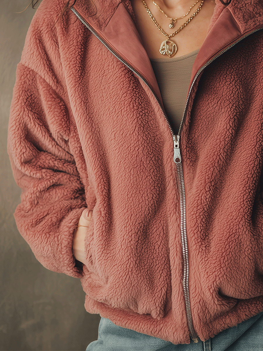 Casual Everyday Gray-Pink Zippered Lambswool Jacket