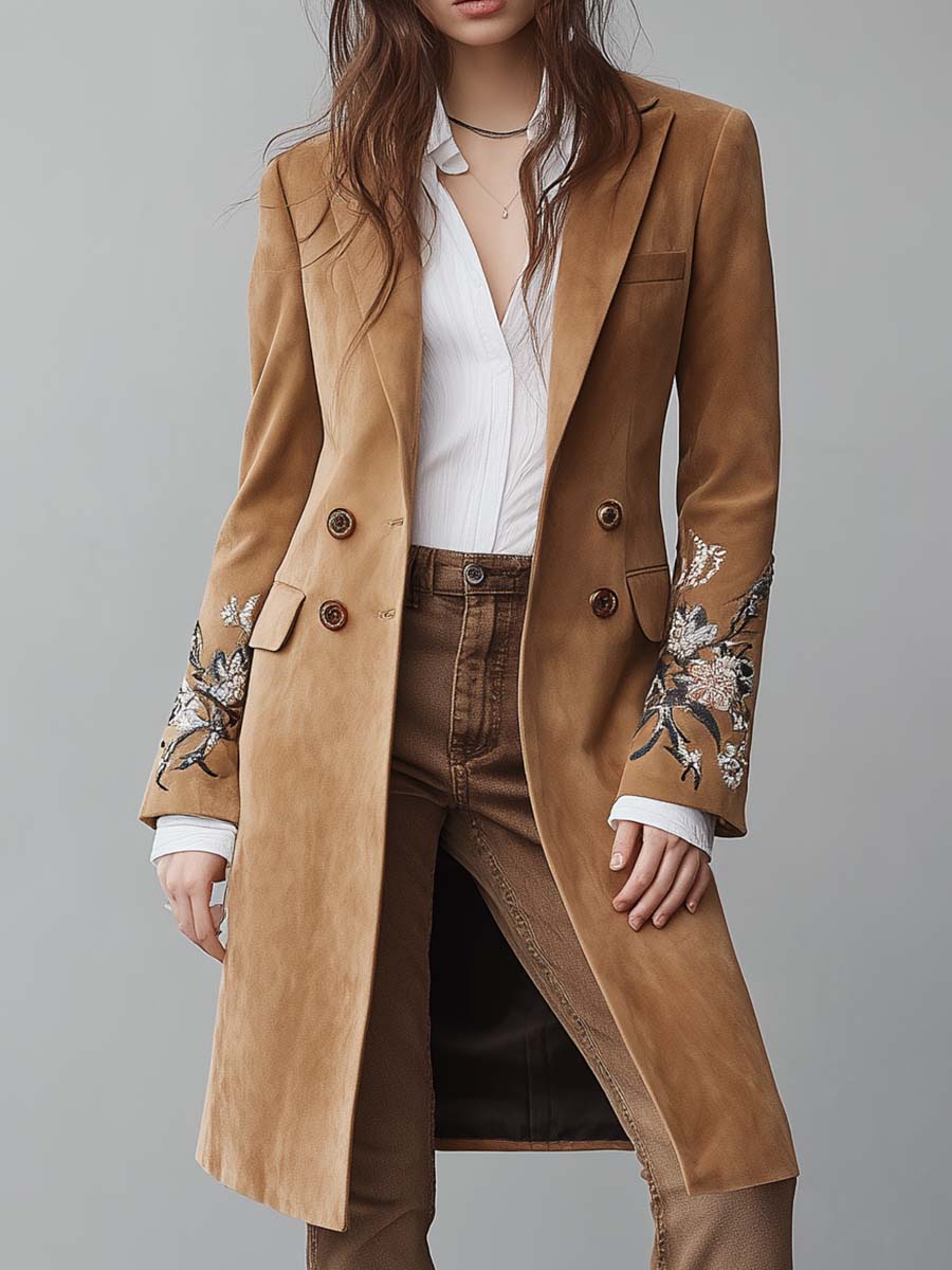 Embroidered Camel Suede Long Coat
