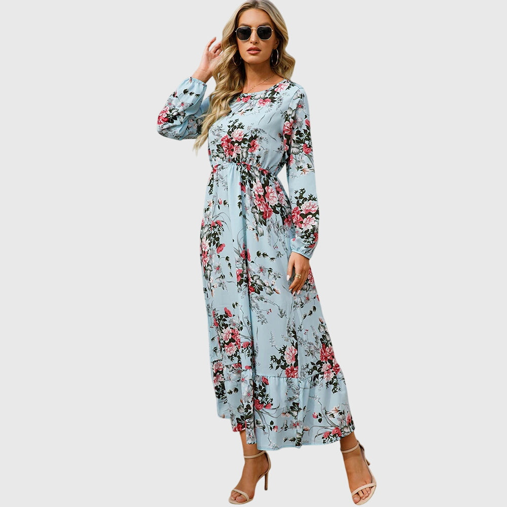 Antigoneara - Floral Print Wrap Maxi Dress with Long Sleeves