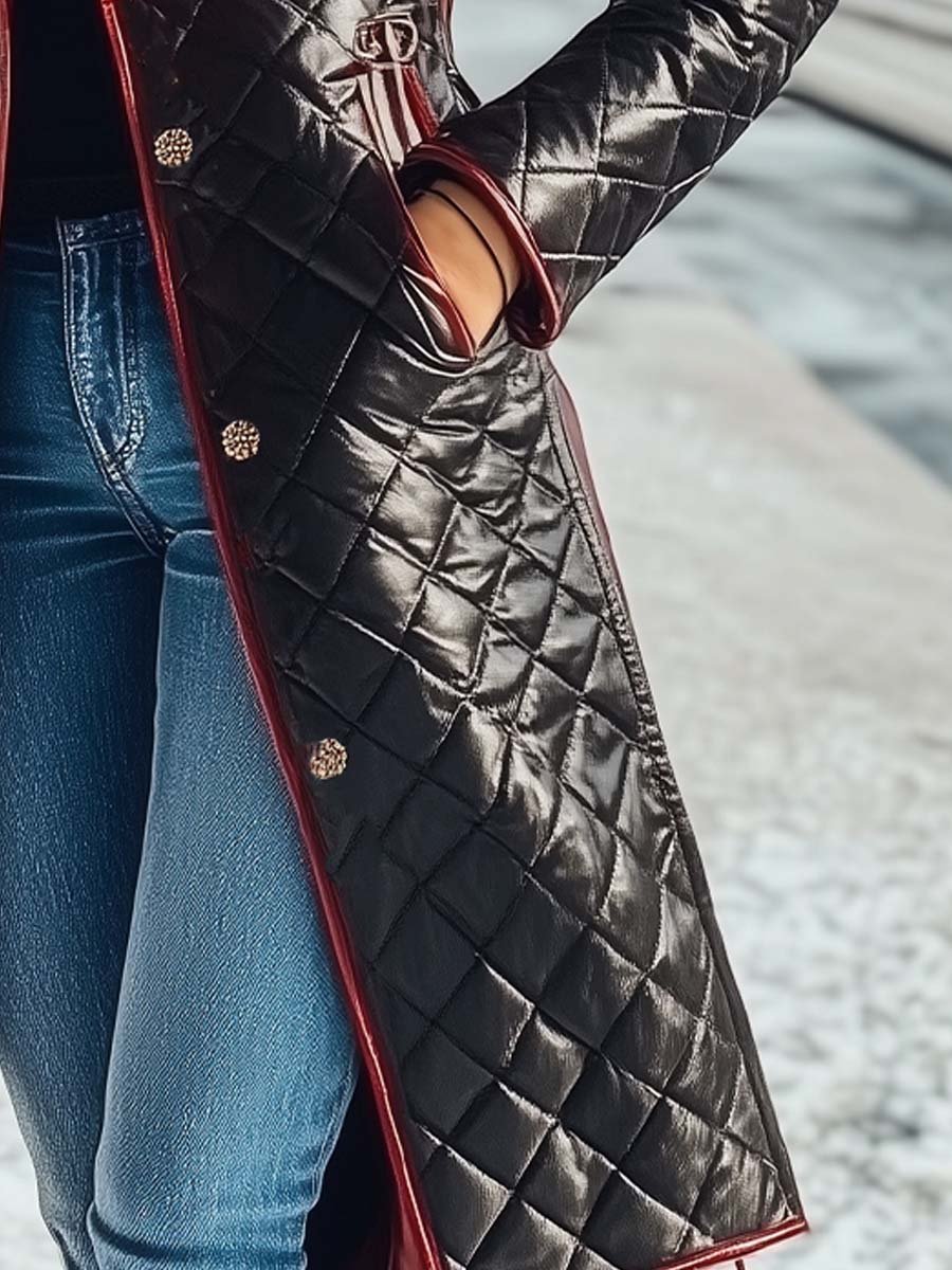 (clearance)Women's Vintage Fur Collar Contrasting Colors Quilted Coat