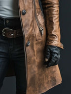 Women's Vintage Fur Collar Zipper Faux Leather Coat