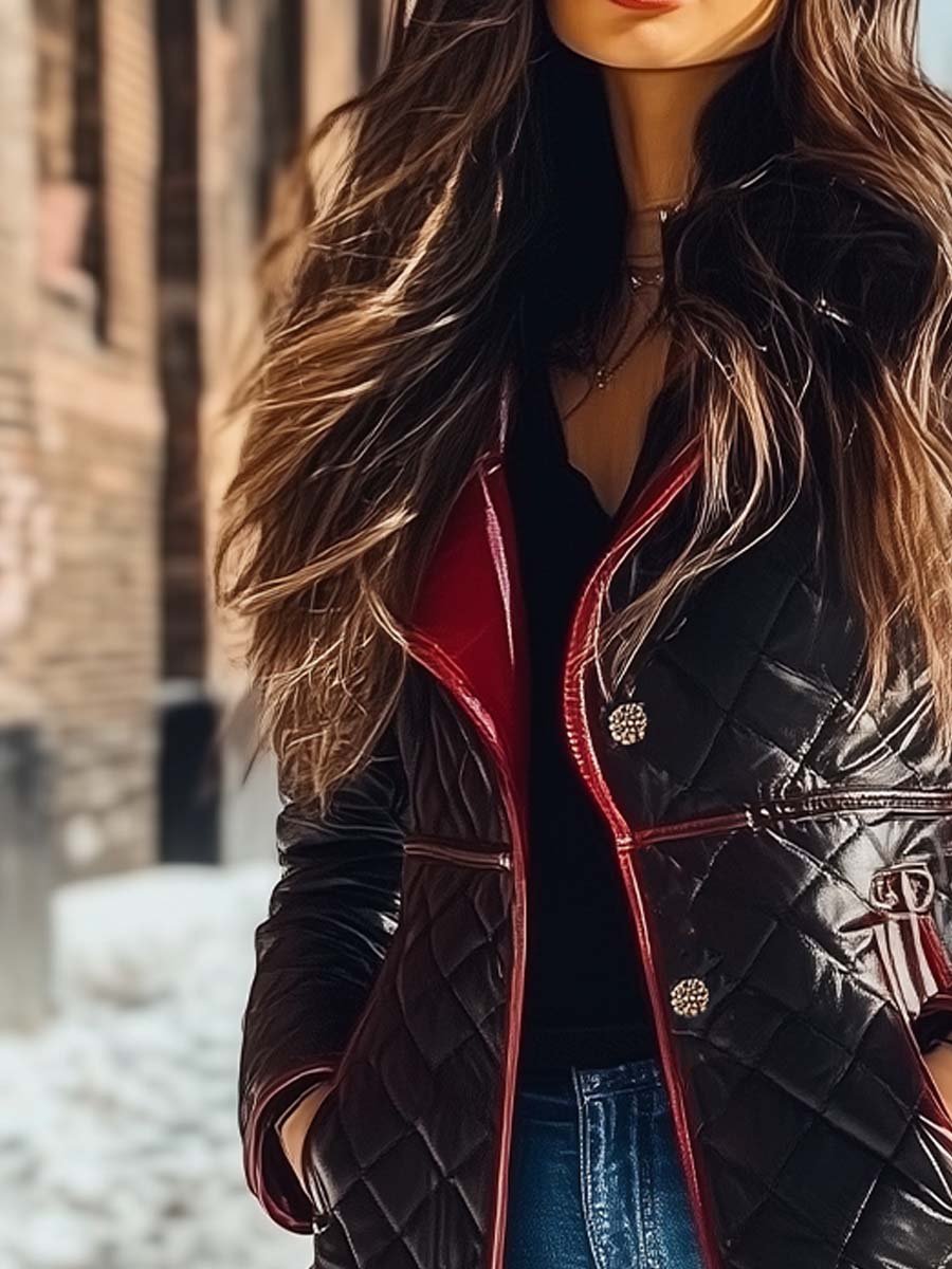 (clearance)Women's Vintage Fur Collar Contrasting Colors Quilted Coat